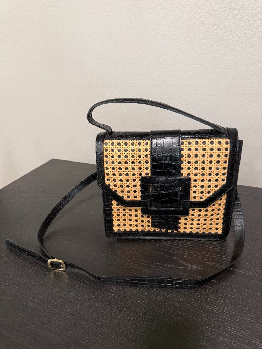Maria Antonietta Italian Leather Rattan Wicker Top Handle Crossbody Bag